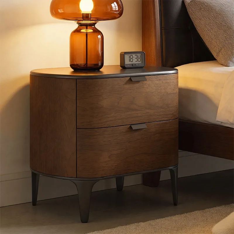 Modern simple all-solid wood natural veneer bedside table with delicate texture, bedroom bedside locker, double pumping cabinet
