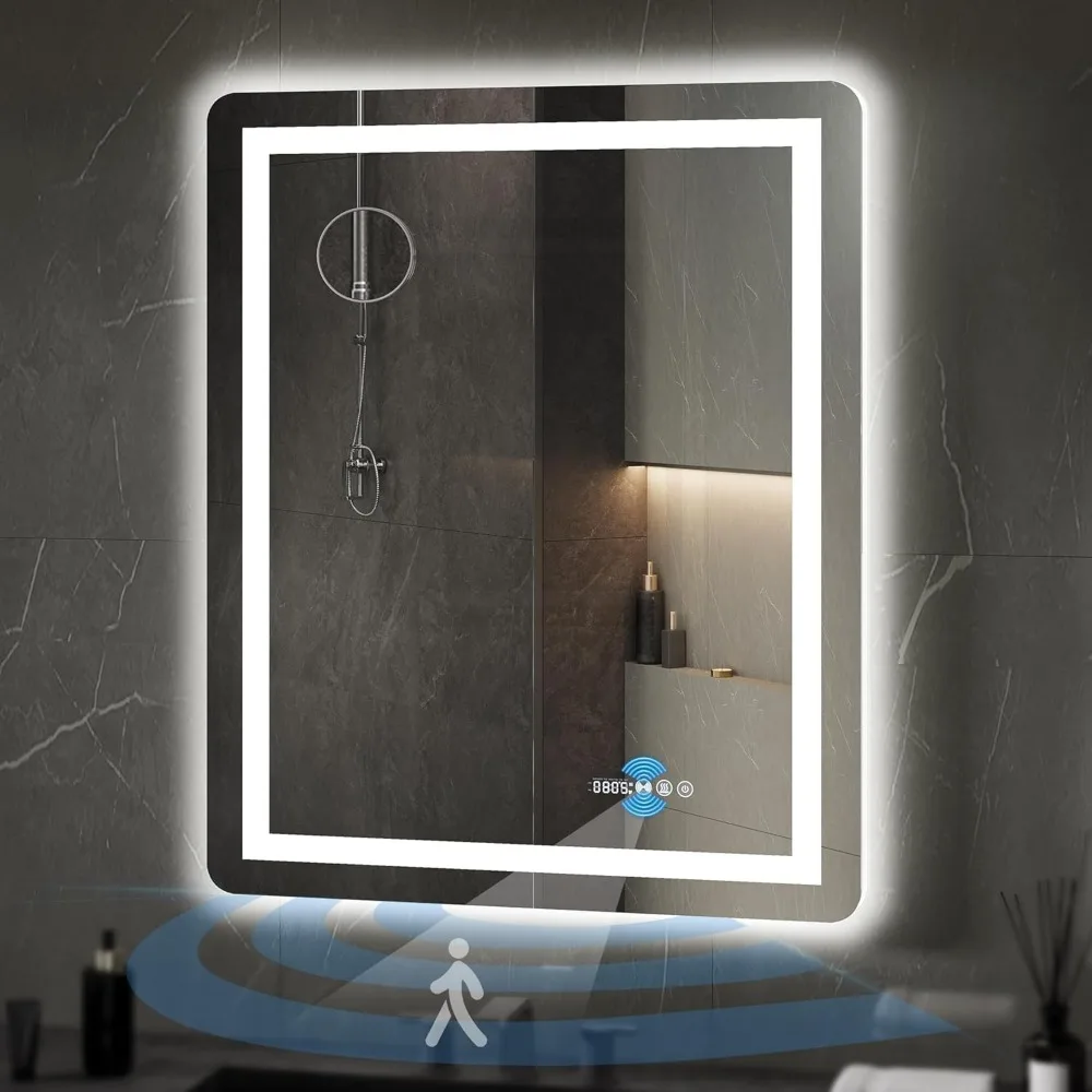LED Bathroom Mirror with Motion Sensor, Anti-Fog, Dimmable Lights, and Magnifying Glass for Modern Vanity