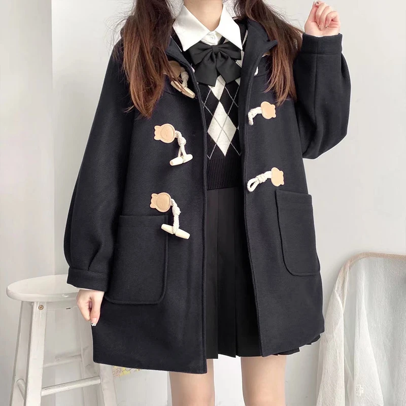 Japanese Preppy Style Blends Women Kawaii Button Schoolgirls Hooded Coats Y2k Autumn Winter Fashion Baggy All-match Retro Chic