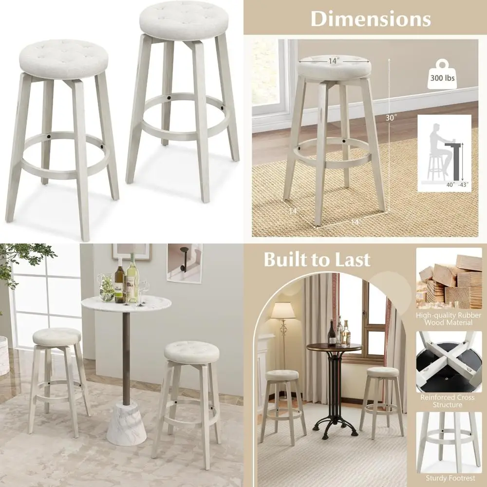 Set of 2 30 High Backless Swivel Bar Stools with Tufted Seats and Rubberwood Frame, Kitchen Counter Stools with Footrest