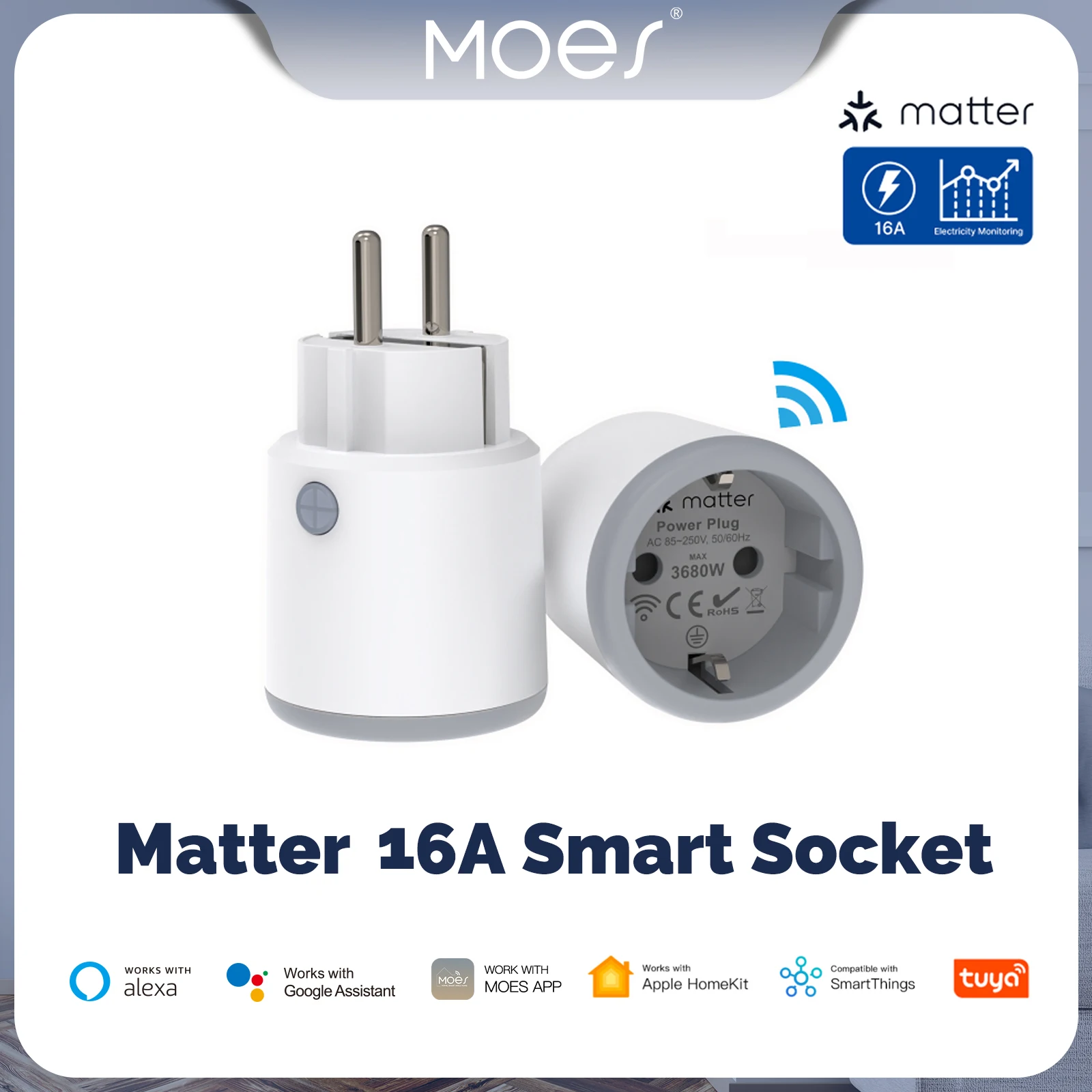 MOES Smart Plug Matter Wi-Fi Socket 16A Smart Timer Outlet Power Monitor Support TUYA  Apple Homekit Work With Google Home Alexa