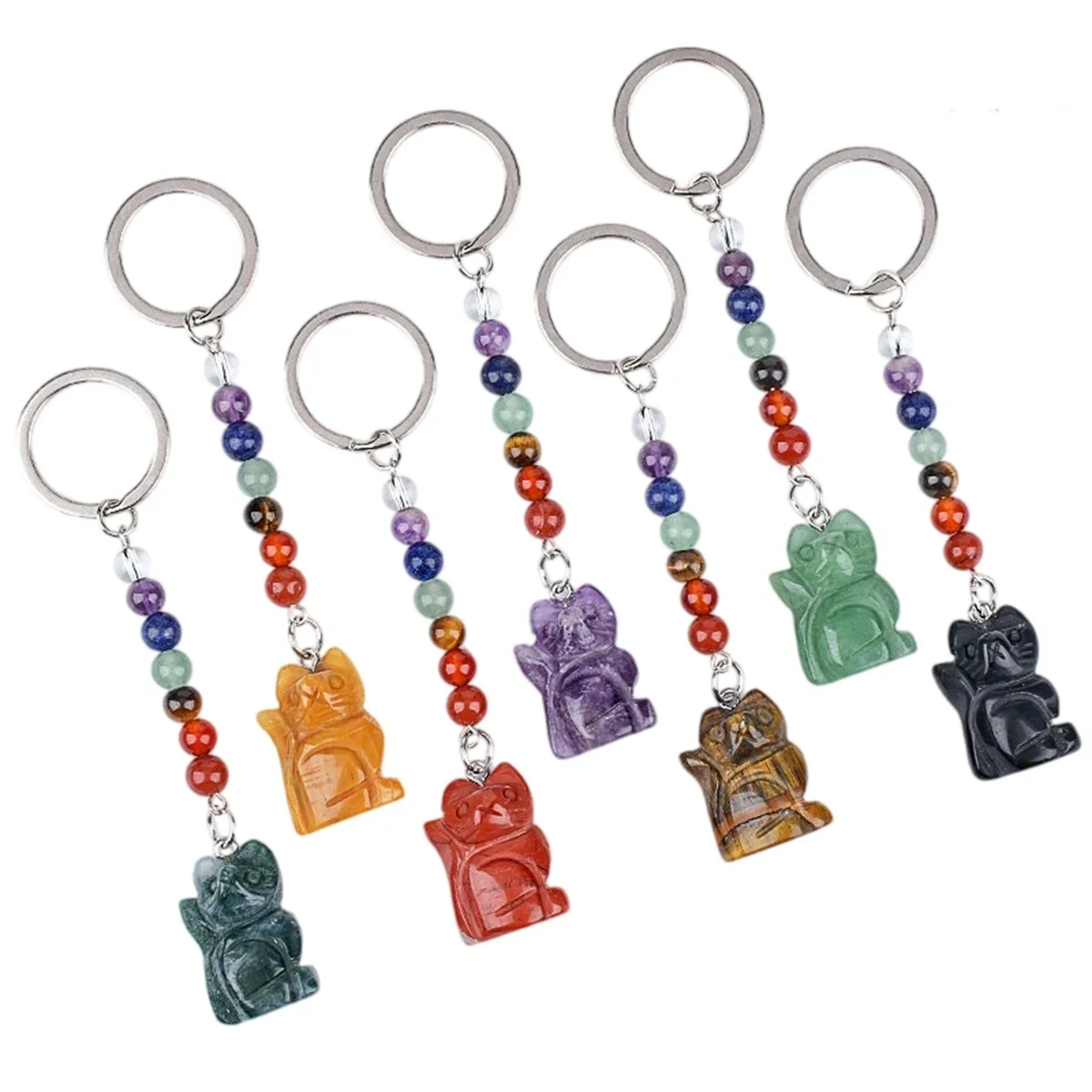 Healing Crystal Stone Cat Keychain Reiki Lucky Charms Keyring Women Bag Car Pendant Charms 7 Chakra Beads Chain