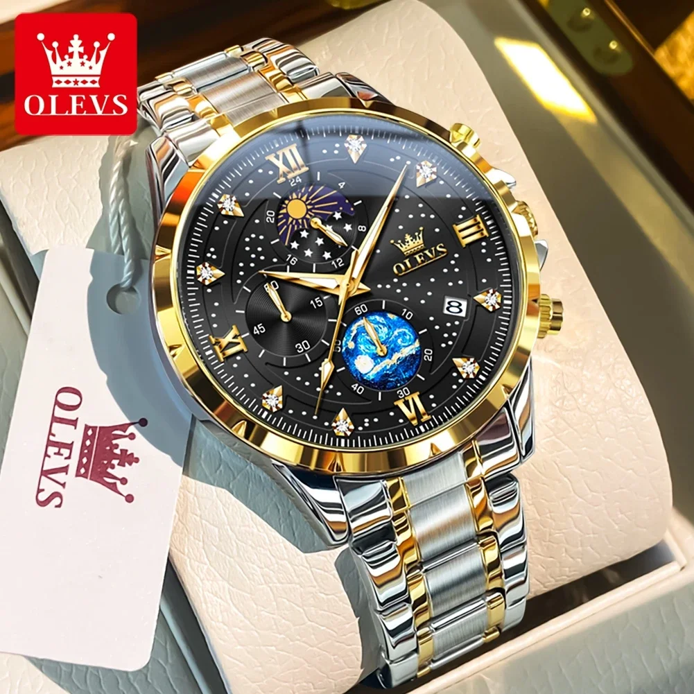 

OLEVS 9807 мужские часы с фазой Луны, ночник, звездное небо, циферблат, кварцевые часы, водостойкий календарь, модные оригинальные часы для мужчин