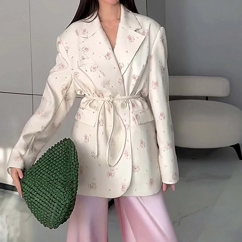 سترة نسائية عصرية فضفاضة مصممة مع حزام الخصر وياقة طية صدر السترة وصلت حديثًا للخريف من أوروبا وأمريكا