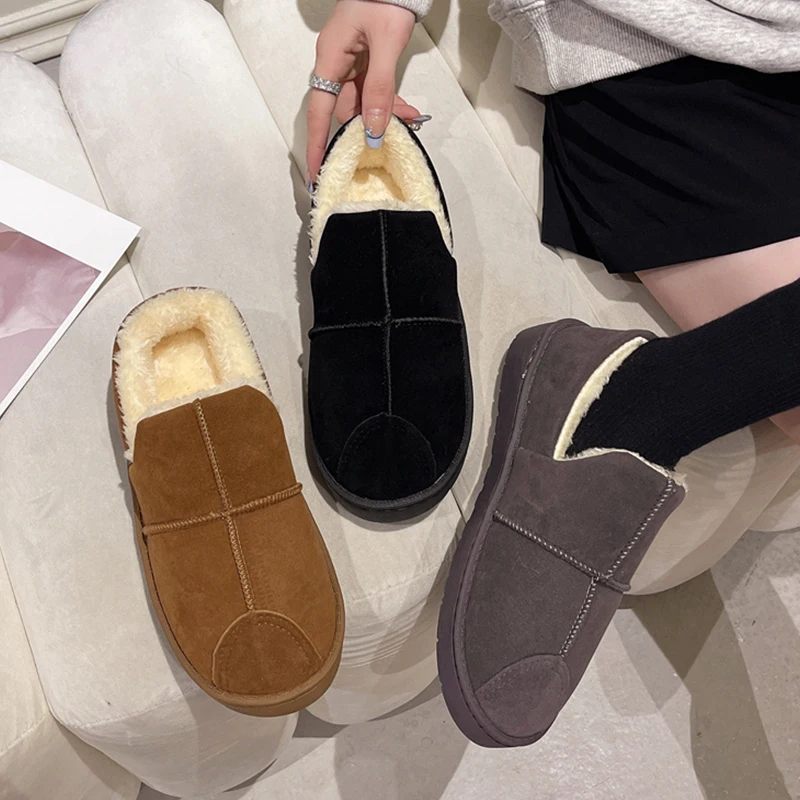 Round Toe Women\'s Shoes Platform Slip-on Loafers Fur Casual Female Sneakers Elegant Shallow Mouth Flats Soft Clogs Slip On Winte