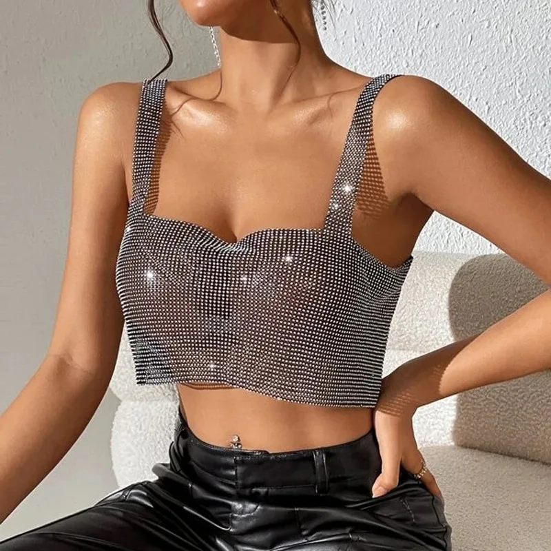 

2023 Summer Women's Water Diamond Spliced Tank Top Sexy Spicy Nightclub Trend Sling Girl