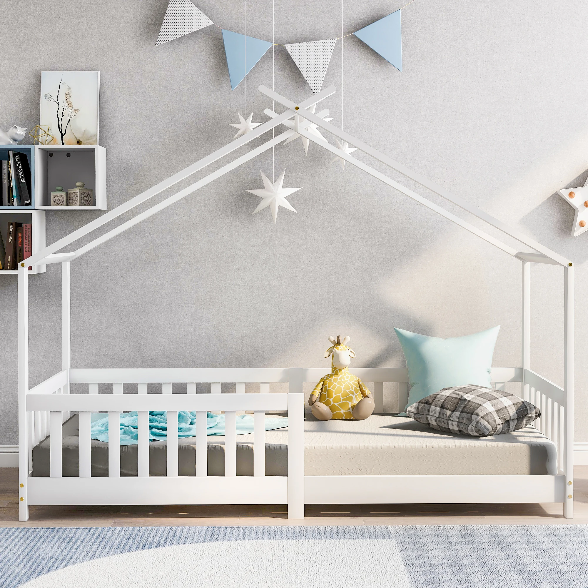 Kinderhausbett, Massivholz mit Zaun & Lattenrost, Absturzsicherung, Weiß (90x200cm)