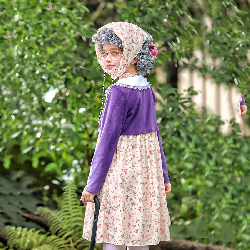 Costume da carnevale per bambini Divertente vestito da vecchia signora, abito floreale cosplay della nonna con accessori per parrucche grigie