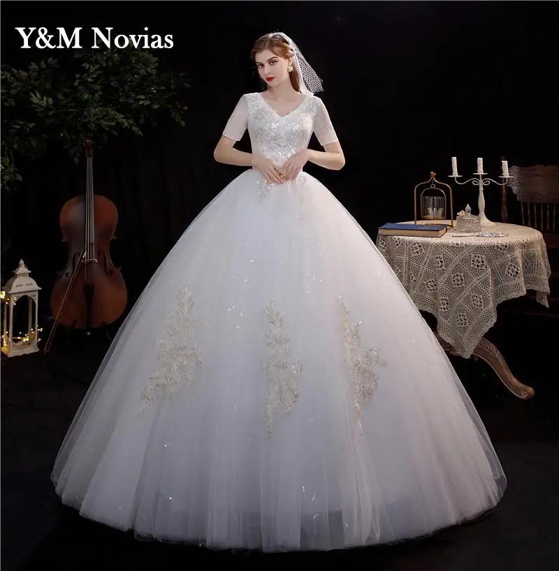 New Fashion V-neck Wedding Dress Vestidos De Novia Ivory Bride Gowns Dream Princess Simple Short Sleeve Lace Appliques