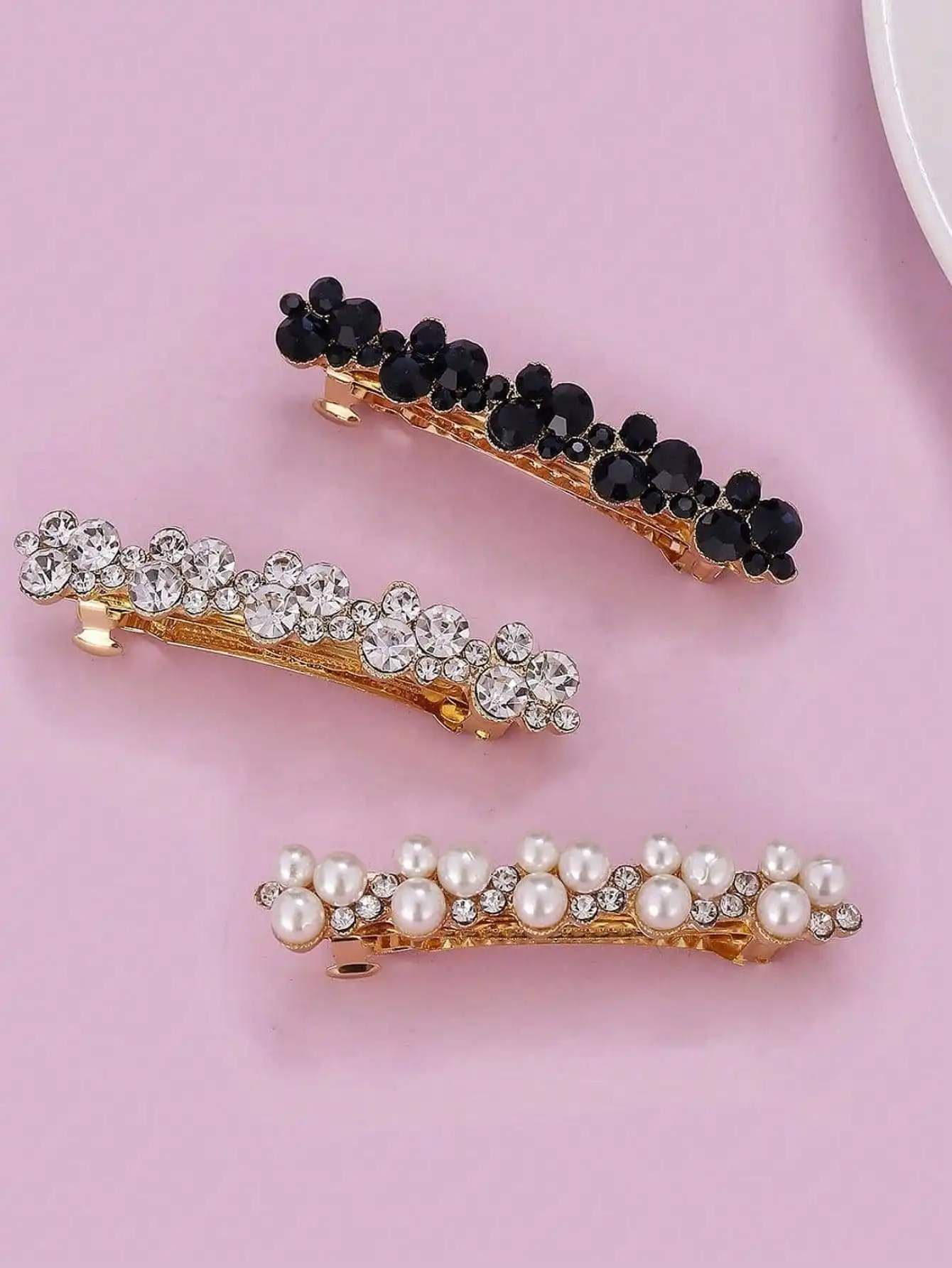 

3pcs Crystal And Faux Pearl Hair Clips Barrettes For Women Fashion Accessory