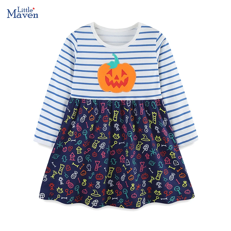Little maven  Spring Baby Girls Long Sleeves Casual Striped Dress Autumn Halloween Costumes Pumpkin Children's Clothes for Kids