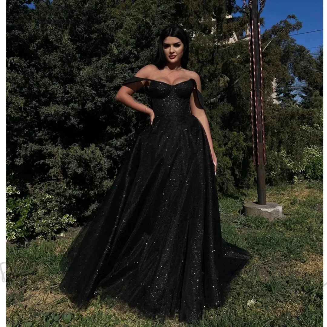 Lena Evening Dresses Woman Elegant Womens Party Dresses for Formal Occasions Gothic Shiny Black Off Shoulder Long Dress Gala