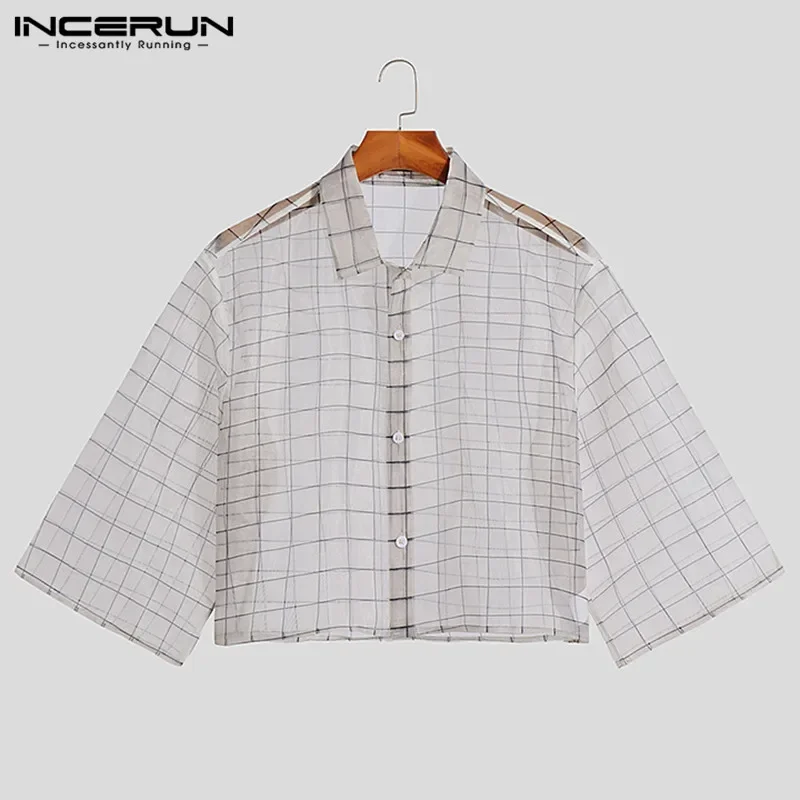INCERUN Men Shirt Plaid Mesh Transparent 2026 Lapel 3/4 Sleeve Sexy Casual Men Clothing Streetwear Loose Button Fashion Camisas