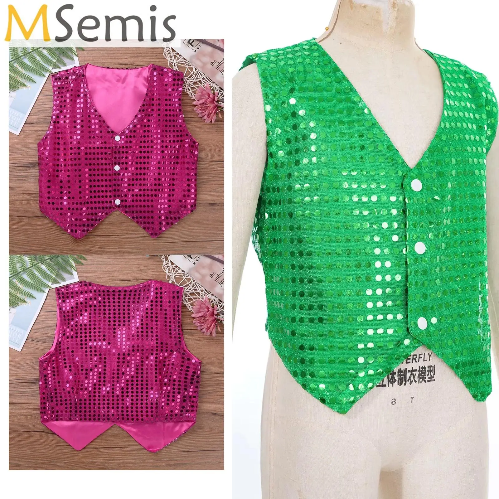 

Children Hip-hop Jazz Street Dance Vest Boys Girls Shiny Sequin Waistcoat Kids Christmas Disco Party Stage Performance Costume