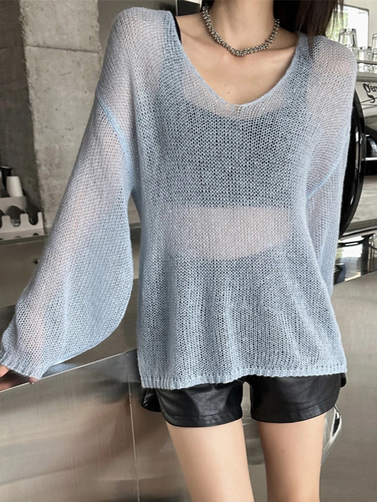 LANMREM Fashion Perspective Wool Knitting Sweater Women V Neck Long Sleeves Solid Color Tops Casual 2024 Spring New 2AA2110