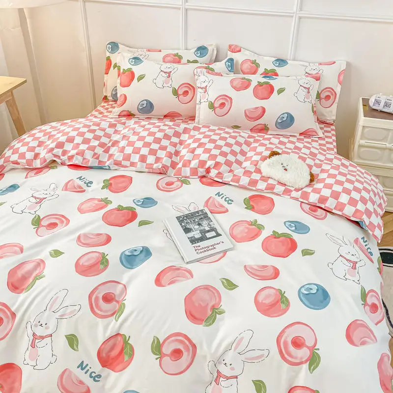 

Fashion Pink Rabbit Peach Print Style 3/4pcs Cute Bedding Sets Kids Adult Boy Girl Duvet Cover Bed Sheet Pillowcase Home Textile