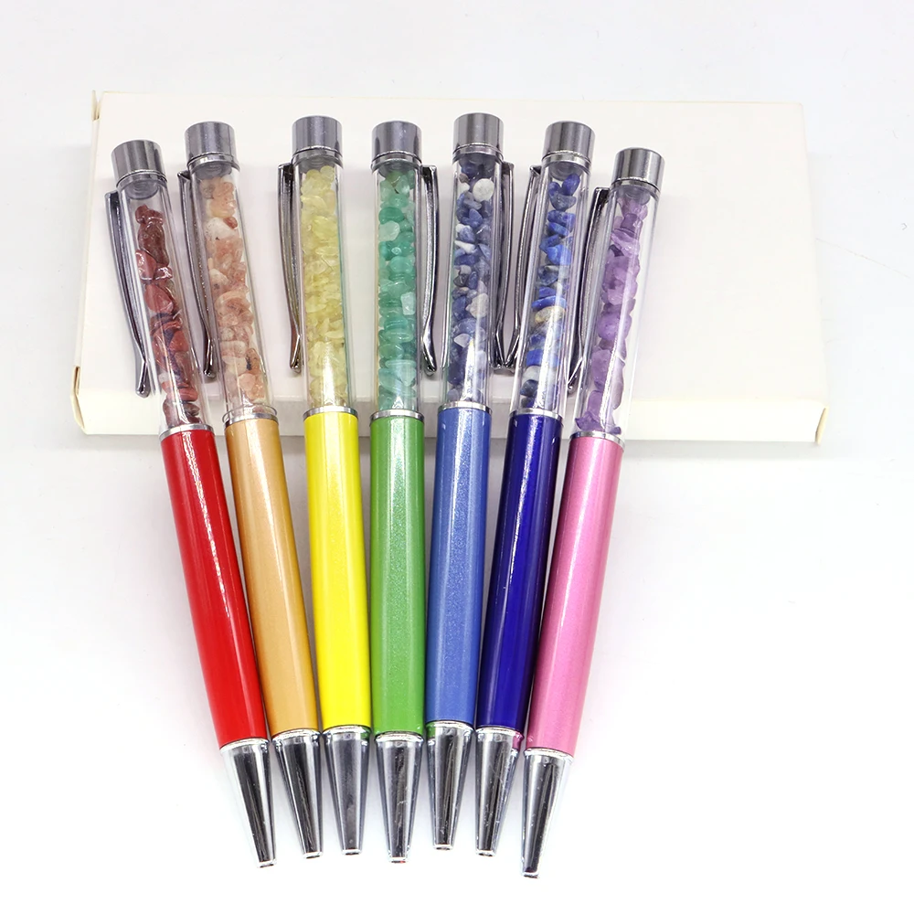 7 Pcs/Lot Healing Crystal Pen Natural Gravel Stone Diamond Ballpoint Chakras Stationery Ballpen Gemstone Stylus Touch Wholesale