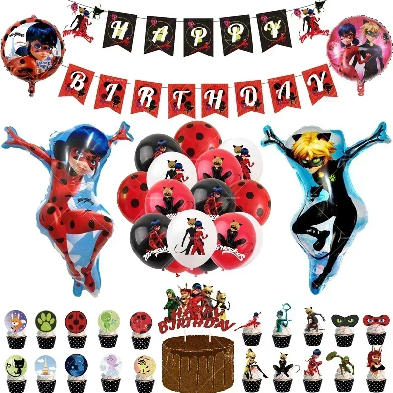 Globos de mariquita, decoración de gato Nior, recuerdo de pastel, héroe, pancarta negra y roja, globos, vajilla desechable para fiesta de feliz cumpleaños