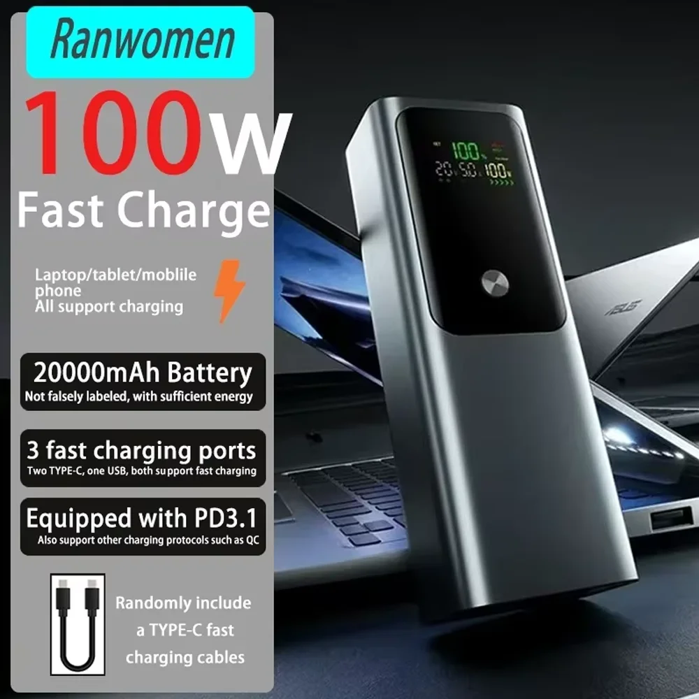 

Ranwomen 20000mAh Power Bank 100W Bidirectional Fast Charging Portable Charger External Battery Power Bank for IPhone Xiaomi