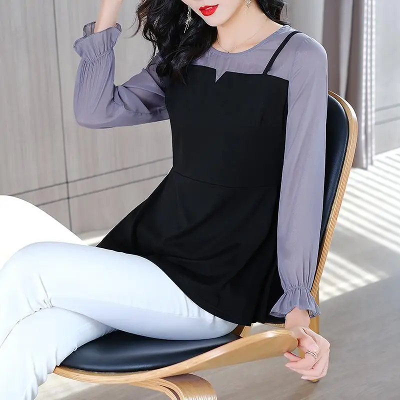 Female Clothing Commute Solid Color Patchwork Blouse Spring Autumn Long Sleeve Fashion Korean Round Neck Slim All-match Shirt