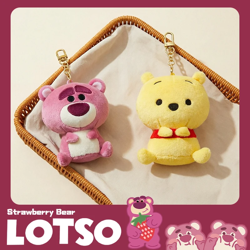 Disney Round Chubby Winnie Pooh Lotso Strawberry Bear Kawaii Squishy Plush Keychain Charm for Kids Fans Birthday Gift Home Decor