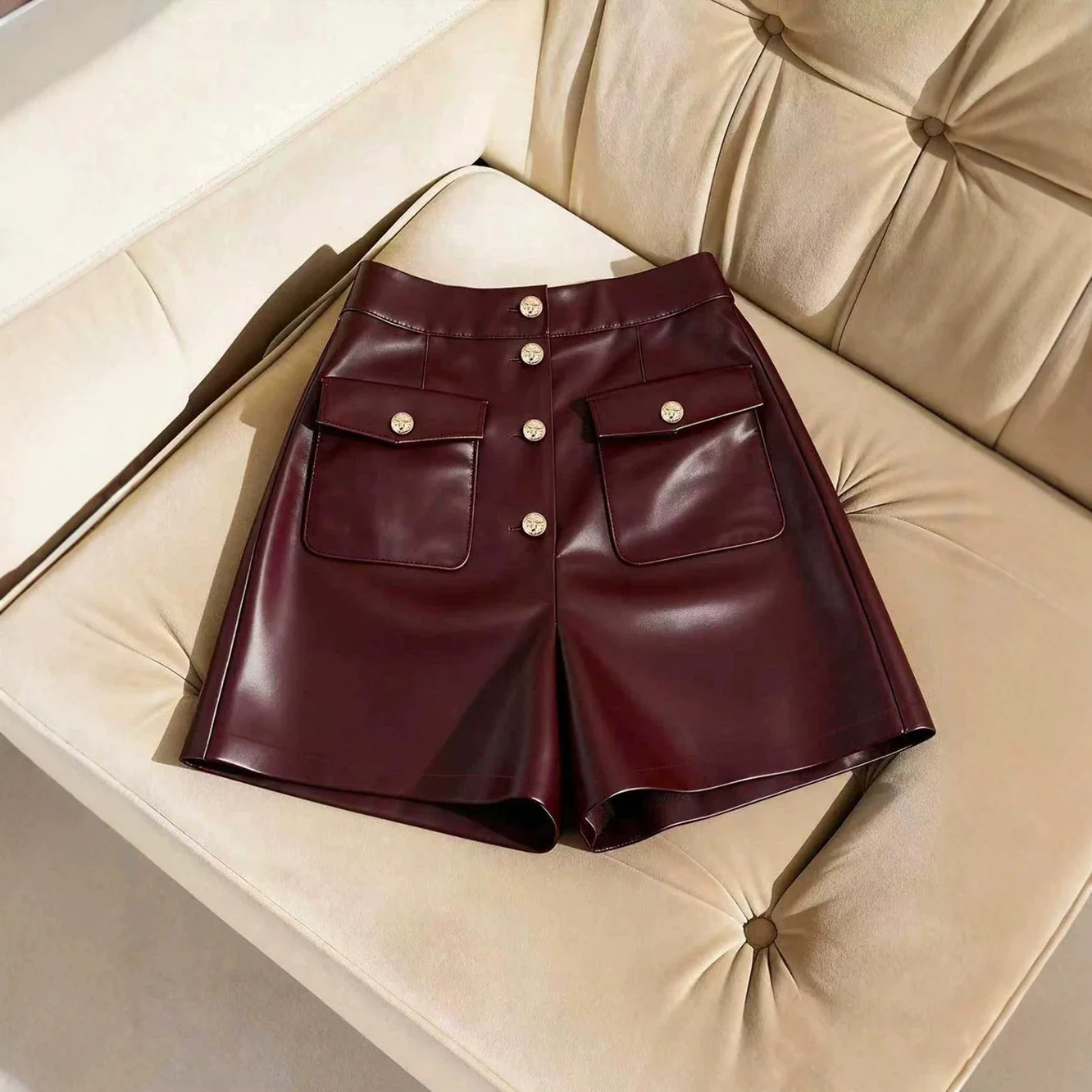 Sexy Burgundy Pu Leather Button High-waisted Tight Shorts for Women New Spice Girl A-word Wide-leg Pants with Pockets