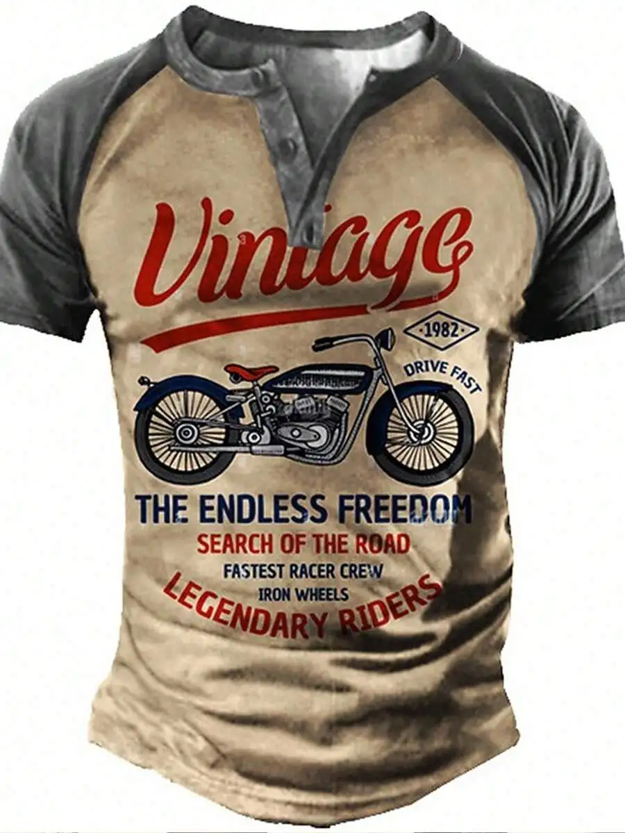 Men Color Block Letter & Motorcycle Graphic Print Raglan Sleeve T-Shirt, For Going Out, For Husband, Short Sleeve Henley Top