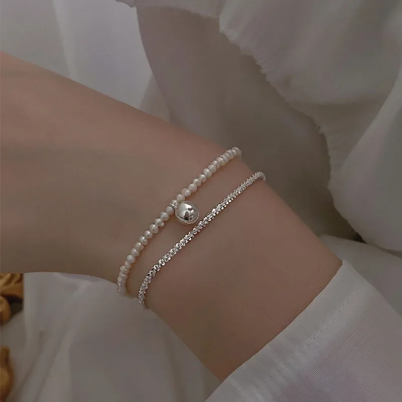 Pulsera de perlas de doble capa de Plata de Ley 925 para mujer y niña, pulsera con dijes brillantes coreanos, regalos de joyería de fiesta de lujo