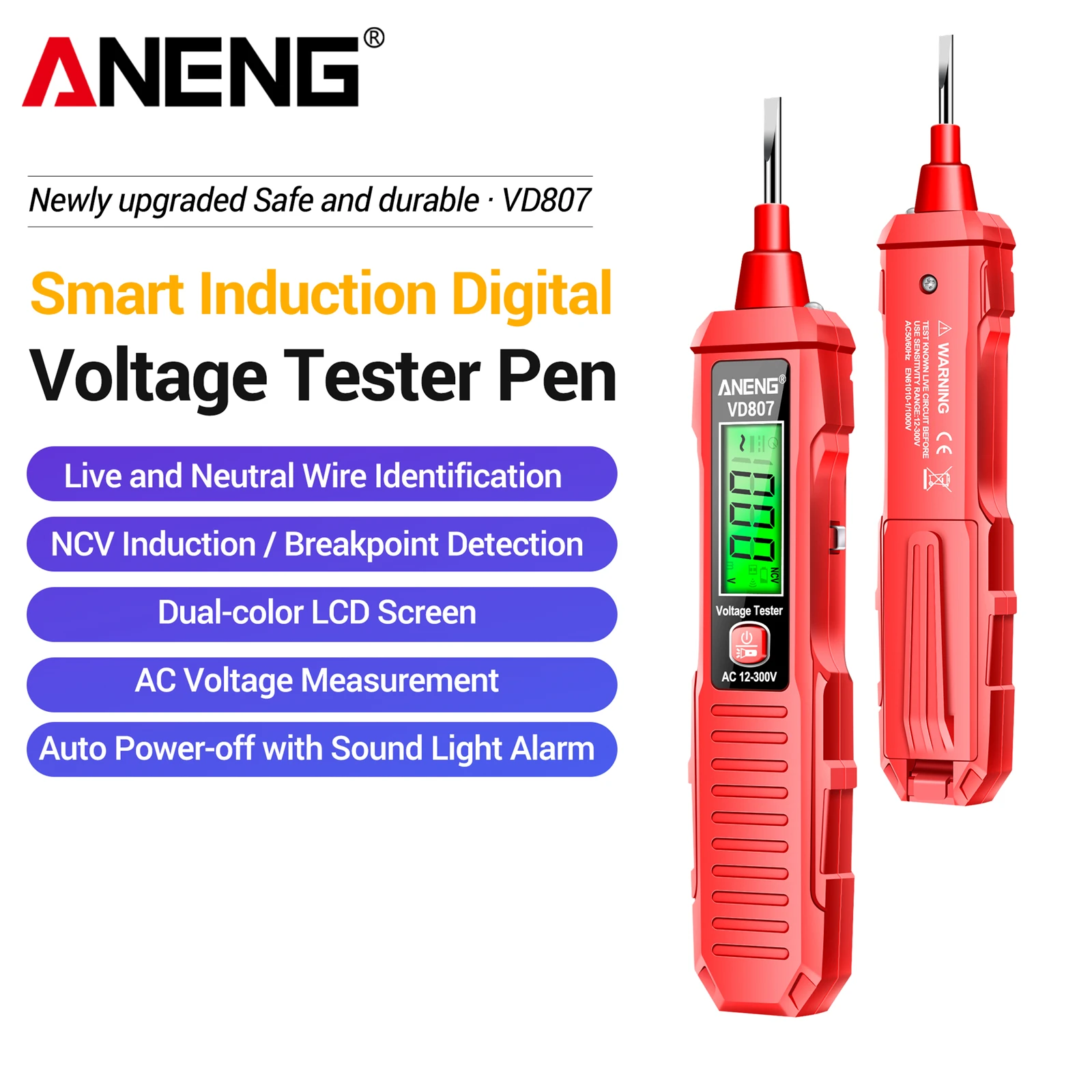 Non-contact Voltage Tester Pen ANENG VD807 Pocket One-word Induction Voltage Detector Pen Meter AC 12-300V  50/60Hz Tester Tools