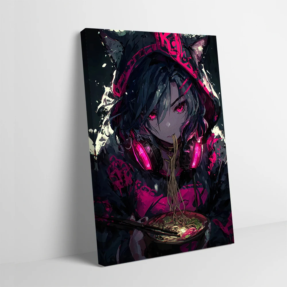 Anime Girl With Ramen and Headphones Printing Poster Pictures Wall Art Canvas Painting Gift for Decoration Home Decor Room Mural