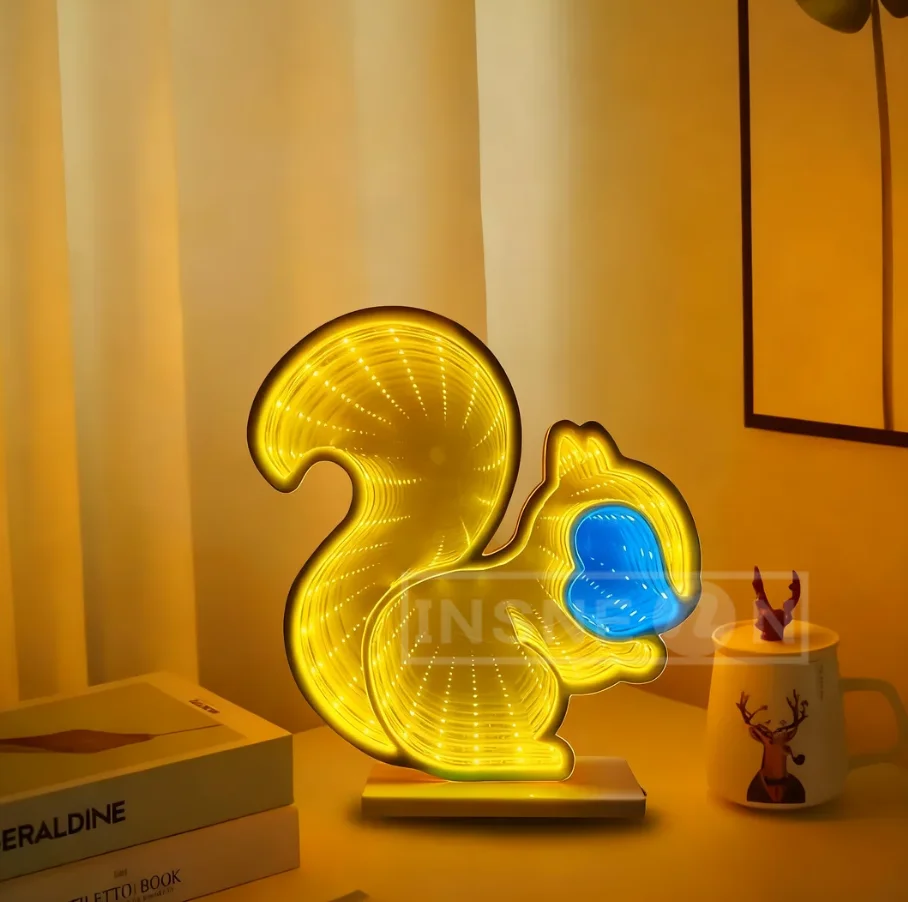 Infinity Mirror Bedroom Light with Dimmer-led Kids Night USB Room Decor Magical Powered Nightlight Cozy Squirrel Bedroom Light