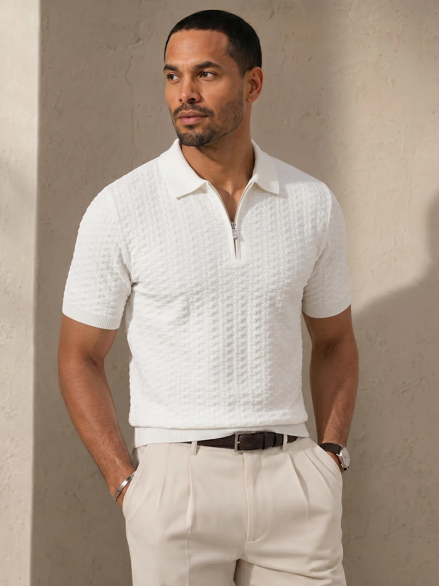 Men's Textured Knit Polo Shirt Short Sleeve Half Zip Neck Casual Business Knitted Pullover Tops