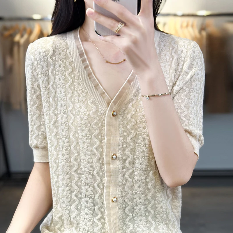 Summer new women's worsted wool V-neck cardigan fashion lace coat slim fashion knitted women's T-shirt coat