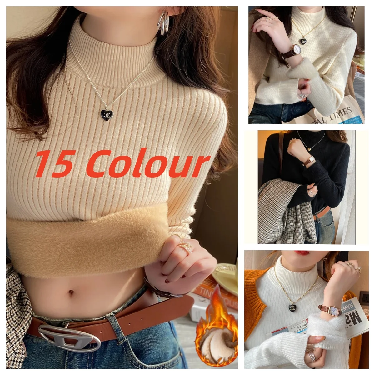 

Женский свитер с высоким воротником, зима 2025 г., ретро с бархатной подкладкой, утолщенная внутренняя одежда, термовязаная нижняя рубашка, пуловеры