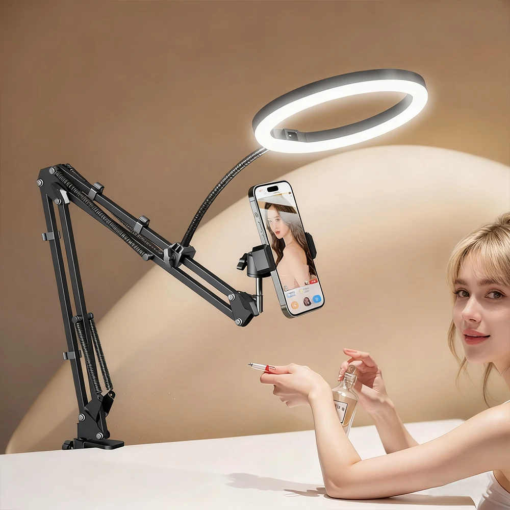 LED-Selfie-Ringlicht mit Telefonständer und klappbarem Arm, dimmbares Stativ-Ringlicht für YouTube-Streaming