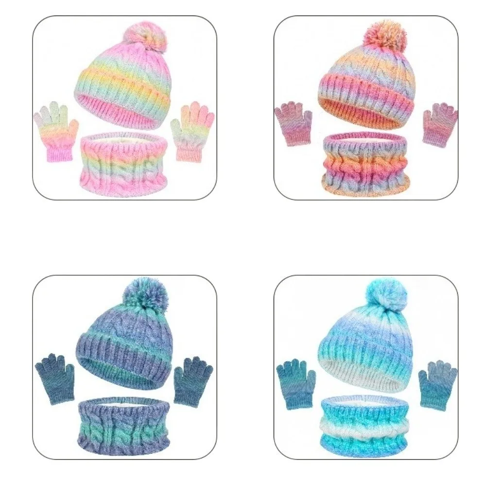 캐주얼 그라데이션 컬러 아기 모자 스카프 장갑 세트 따뜻한 귀덮개 두꺼운 유아 니트 모자 귀여운 폼폼 따뜻한 모자 세트 데일리