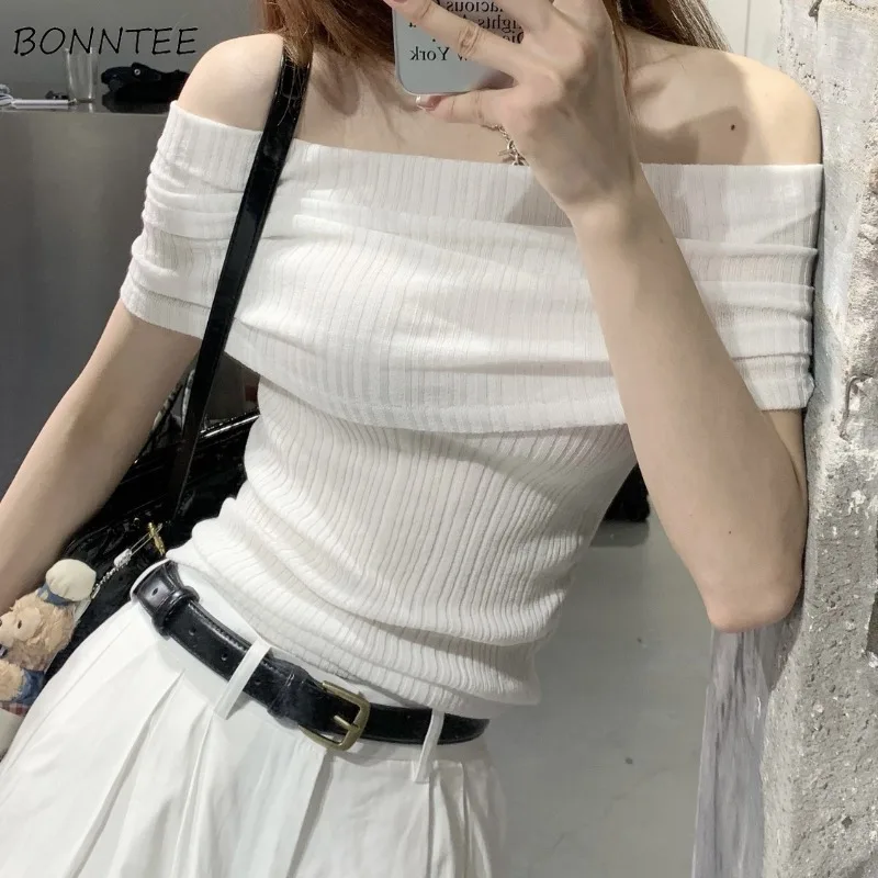 

Solid Pullovers Women Slash Neck Simple All-match Summer Spicy Girls Causal Korean Fashion Off Shoulder Slimming Trendy Pleated