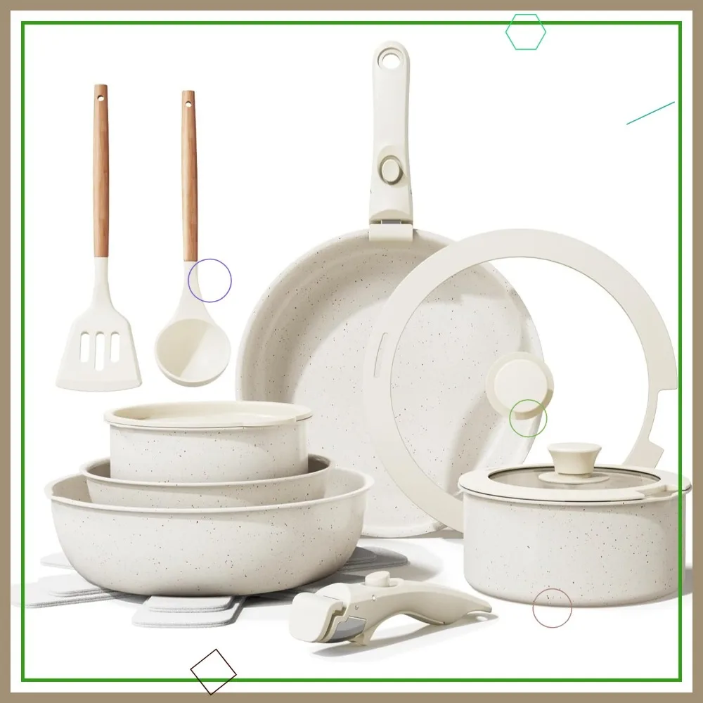 

17-Piece Ceramic Nonstick Cookware Set, Detachable Handles, Induction Safe, Dishwasher & Oven Friendly, Cream White