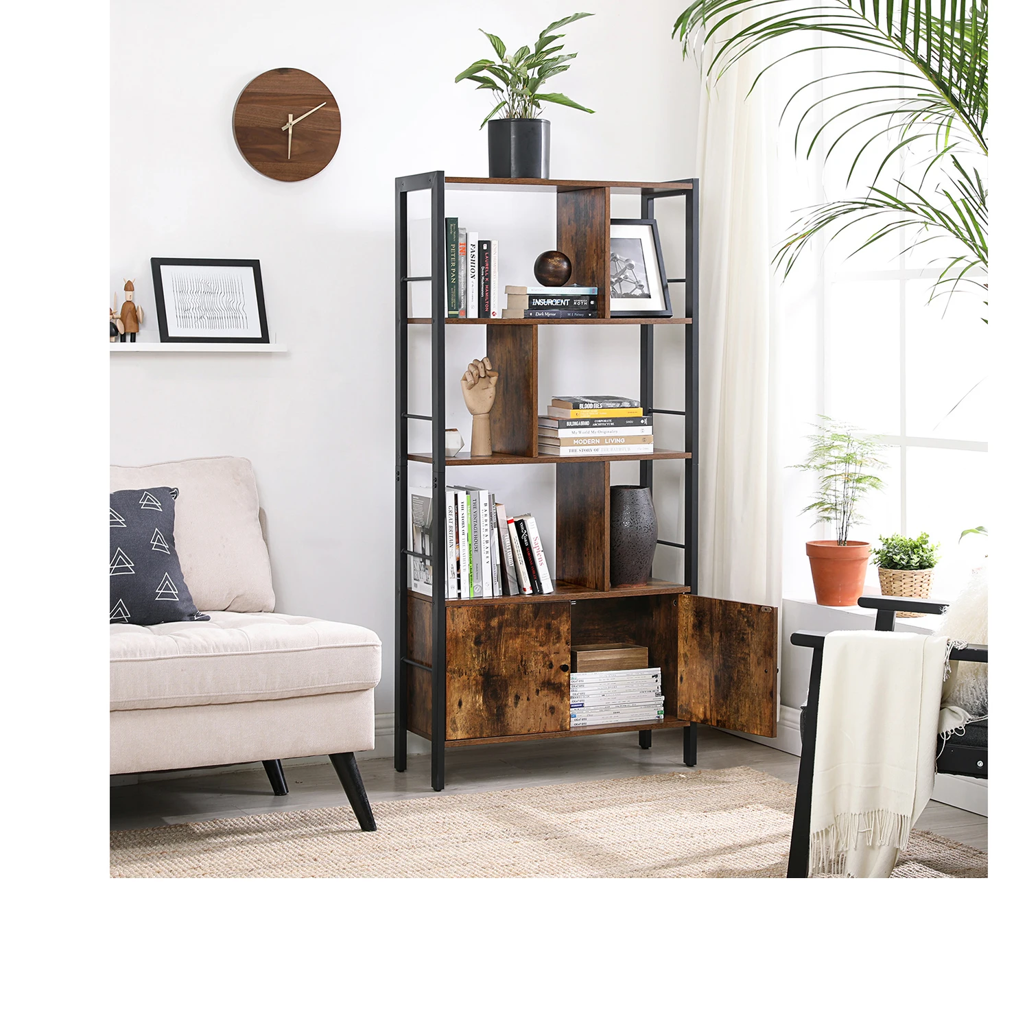 VASAGLE Bookshelf, Storage Shelf, Large Bookcase with Doors, 4 Shelves, Stable Steel Structure, Industrial Style