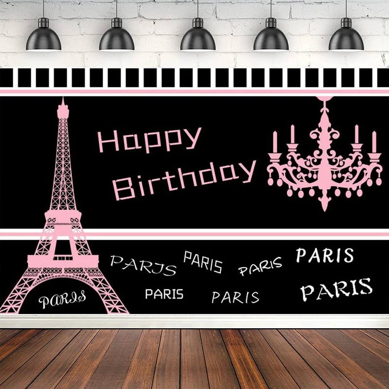 Paris Eiffel Tower Photography Backdrop Pink Chandelier Stripes Pattern France City Landmark Background For Girl Birthday Party