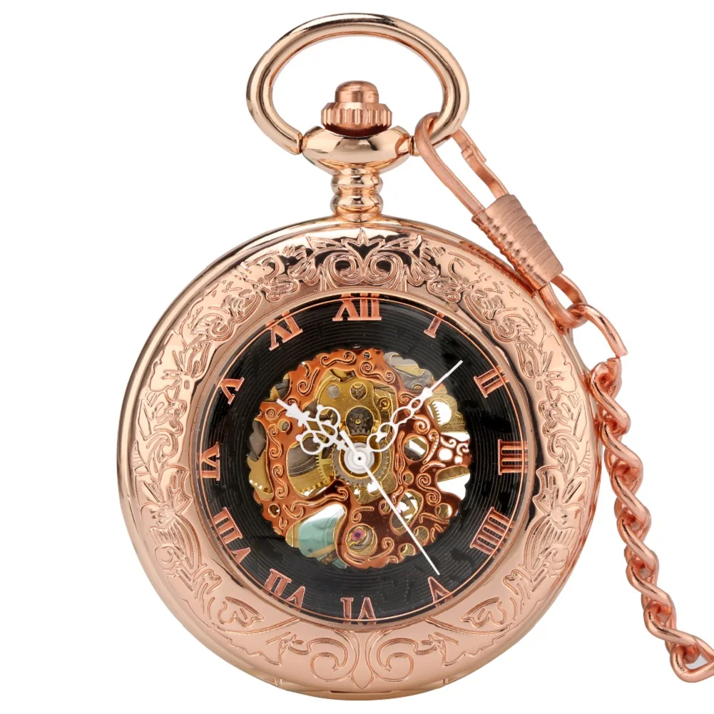 Rose Golden Hand-Wind Mechanical Pocket Watches Transparent Glass Cover Pocket Clock Pendant Roman Numerals Dial Watch for Men