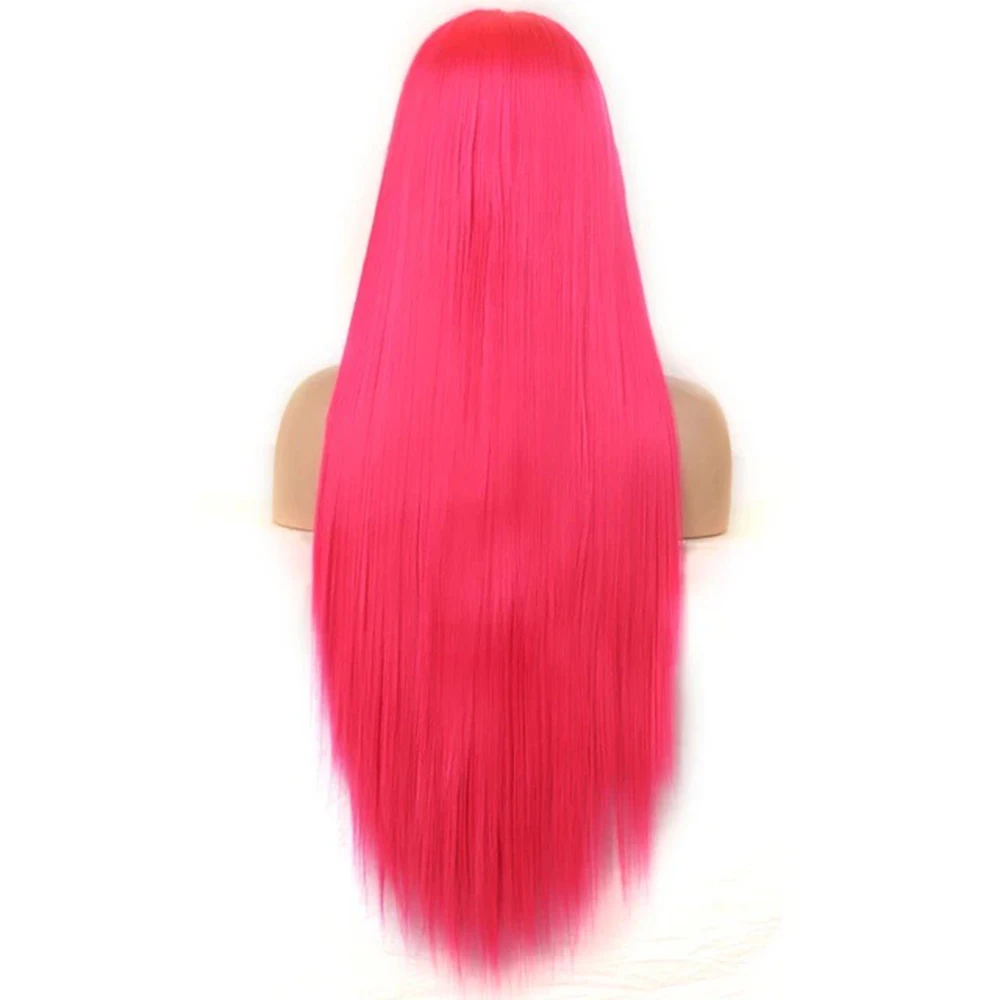 Hot Pink Wig Synthetic Lace Wig Long Silk Straight Hair Frontal Lace Wigs for Women Daily Wear Long Bright Pink Straight Cosplay