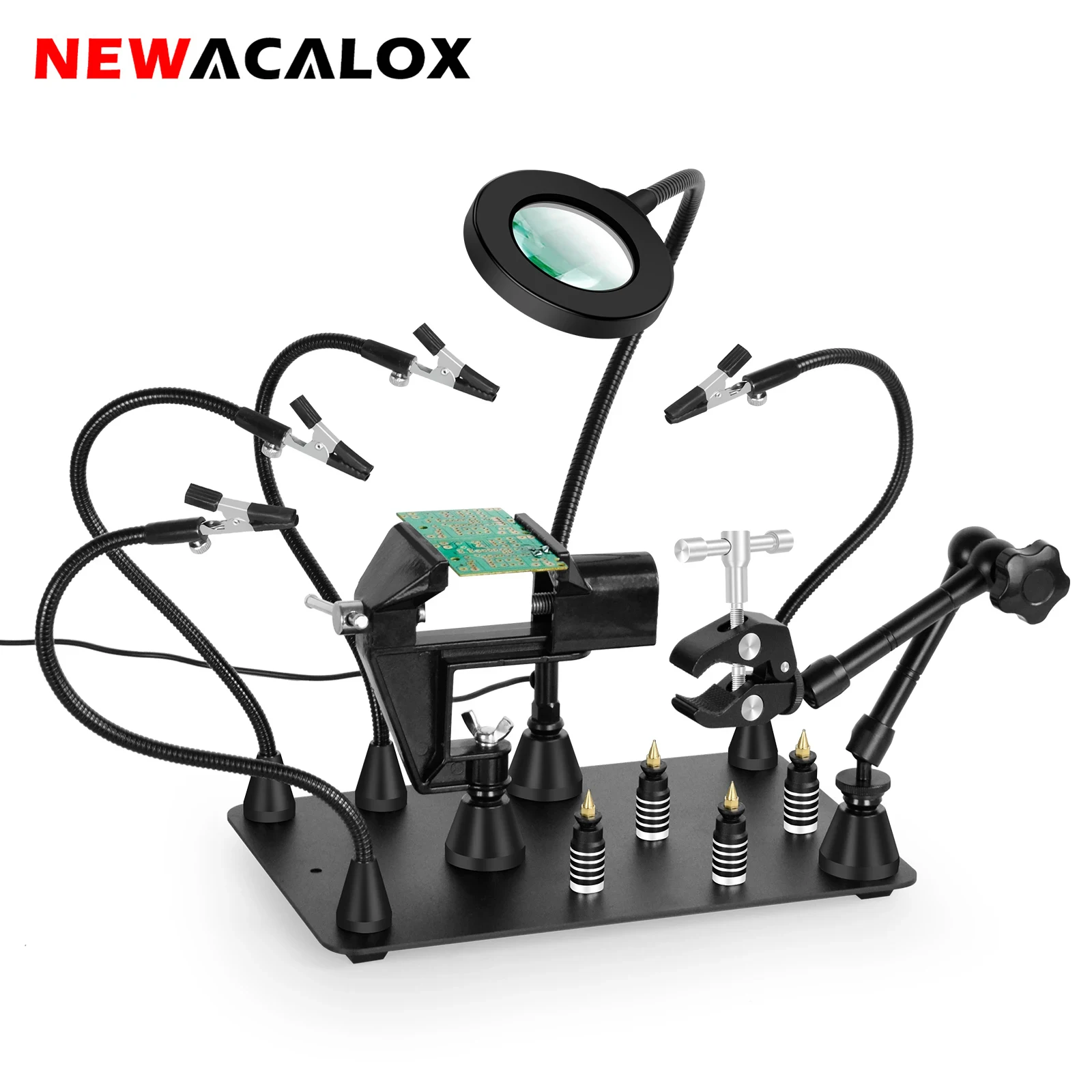 NEWACALOX Magnetic 360° Rotating Circuit Board Holder Soldering Helping Hands Hot Air Gun Frame 3X LED Welding Magnifier Lamp