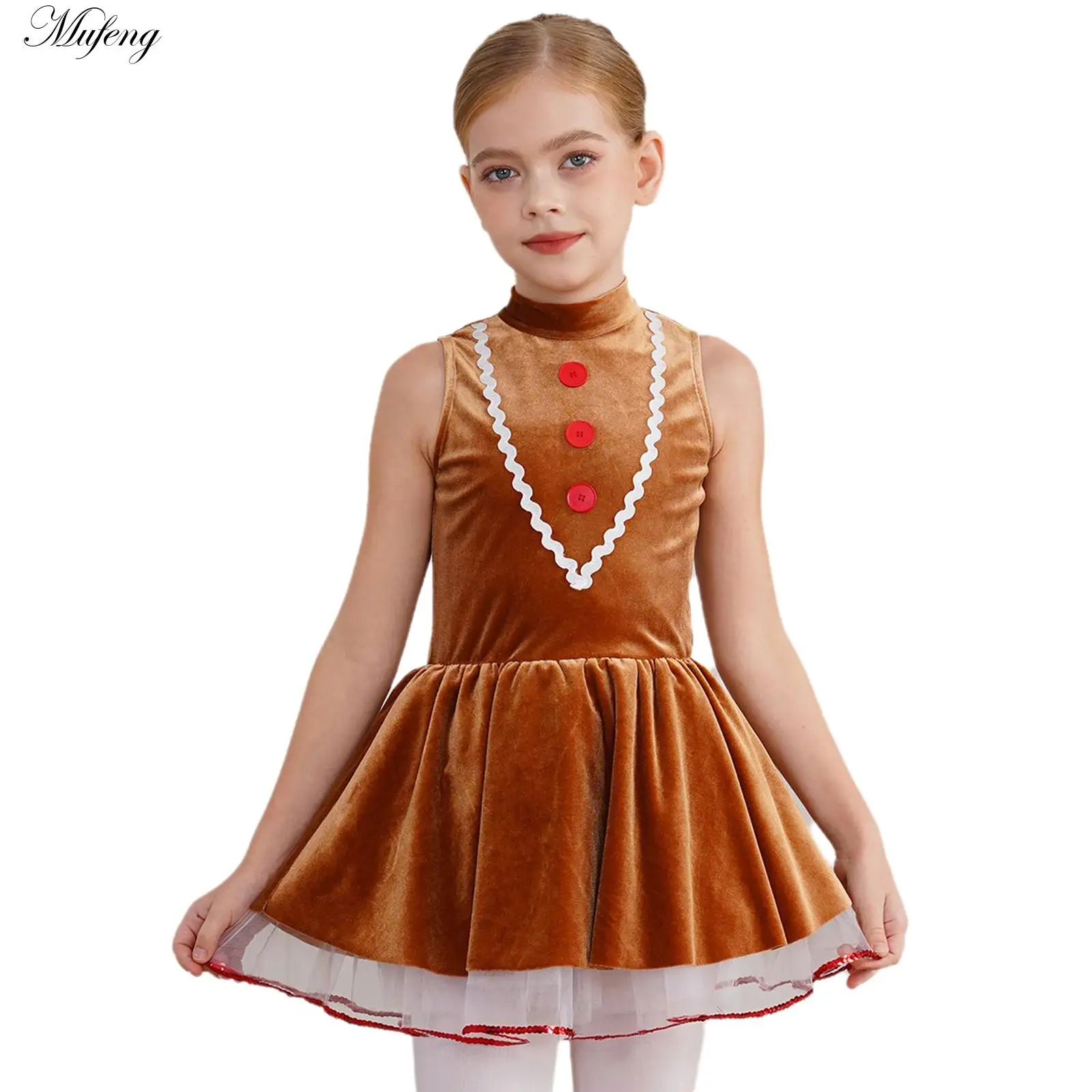 Girls Gingerbread Man Costume Christmas Ballet Dance Leotard Velvet Tutu Dress Jumpsuit for Party Carnvial Performance Dancewear