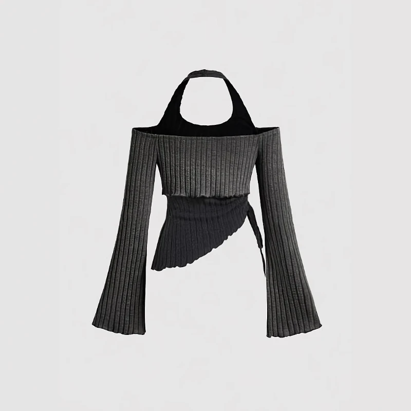 

European and American style long sleeved color blocking fake two-piece spliced neck hanging knitted sweater slim fit spicy girl