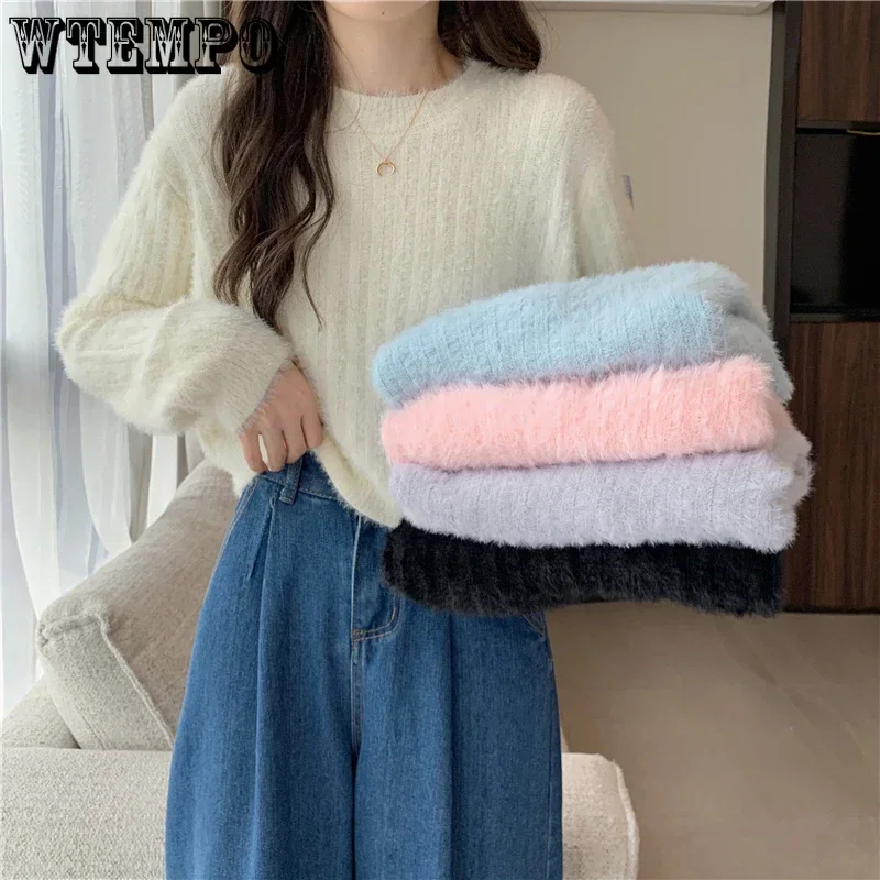 Y2K Cropped Sweater Pink Furry Solid Korean Fashion Pullover Knitted Sweaters Autumn Winter Long Sleeve Mohair Jumper Short Top