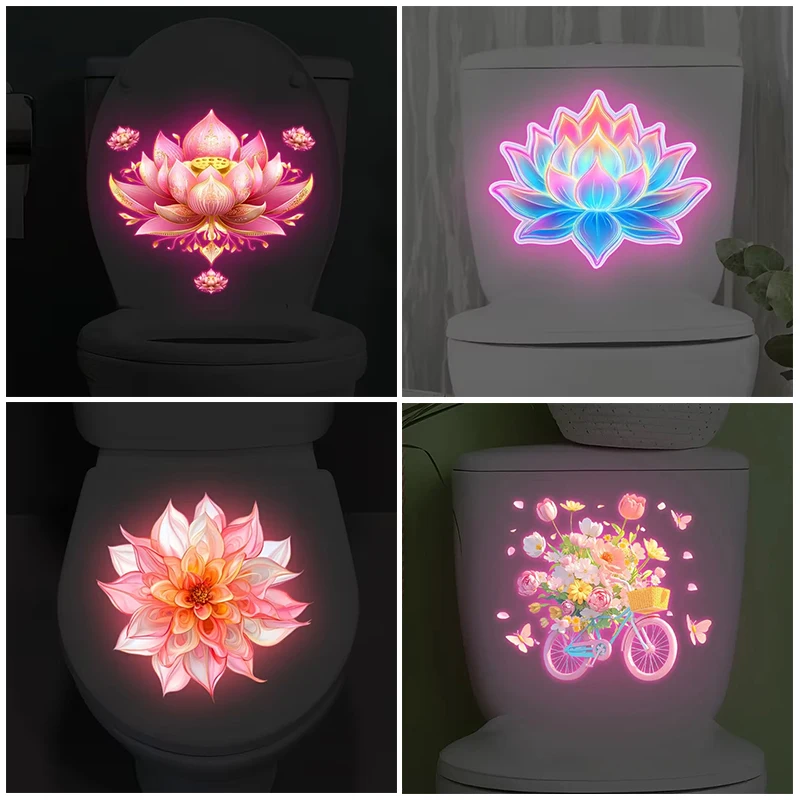 Glow-In-The-Dark Lotus Dahlia Bicycle Flower Toilet Stickers Self-Adhesive Removable UV Night Decal Wall Stickers Bathroom Decor