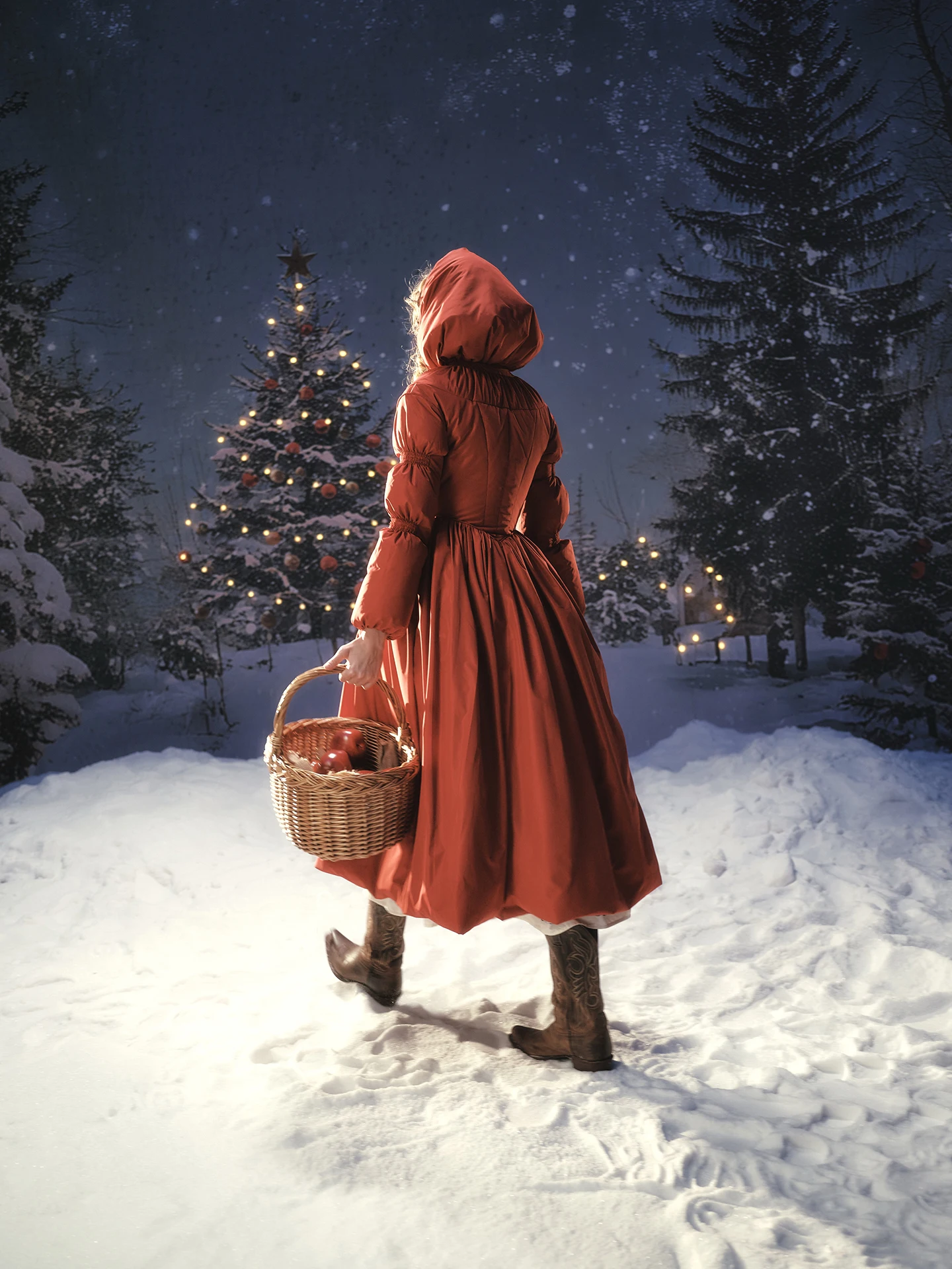 LaceMade Übergröße Damen Langer Daunenmantel Rot Cisas Neujahrs-Mantel Französischer Stil Abnehmbare Kapuze Hohe Taille Warm Damenmantel