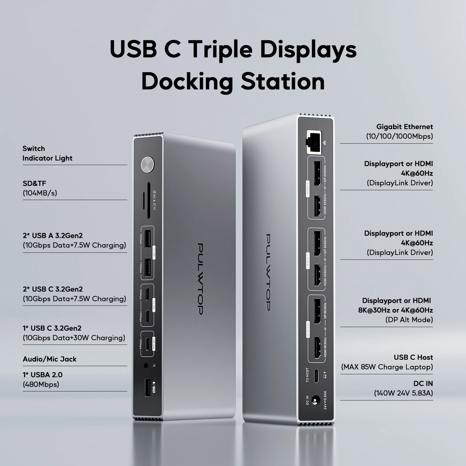 PULWTOP DisplayLink Triple Display Dock for MacBook M1-M5 & Windows, USB-C, 3HDMI, 3DP, 8K/4K@60Hz, PD30W, 10G USB-A/C, Ethernet