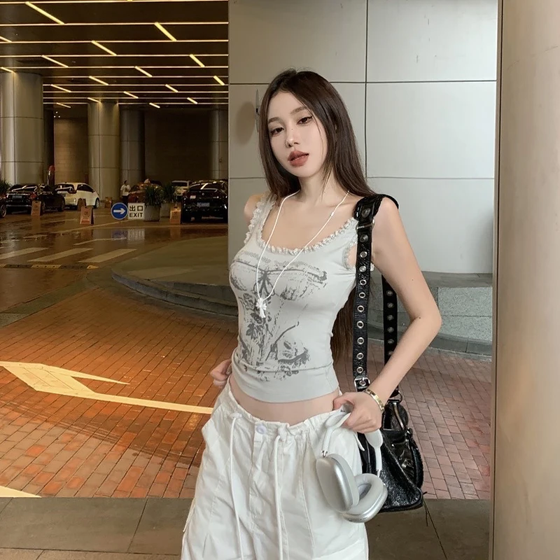 Summer Women Dark Academia Bodycon Lace Tank Top Crop Top Harajuku Goth Y2k Streetwear 2000s Aesthetic Hot Sexy